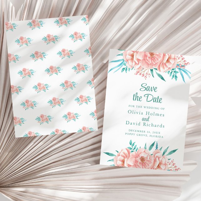 Cartão de Salve a Data em Pêssego e Turquesa (Peach and Turquoise Save the Date Card on a sunny white dry palm leaf.)