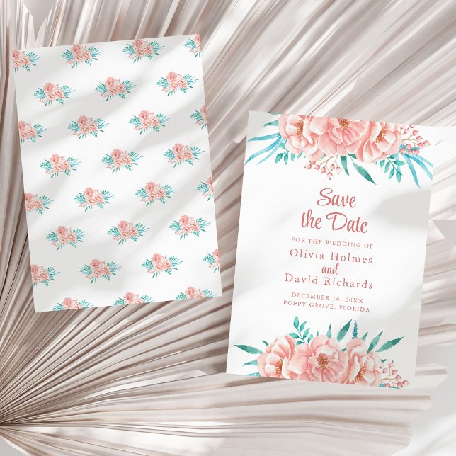Cartão de Salve a Data em Pêssego e Turquesa (Peach and Turquoise Save the Date Card on a sunny white dry palm leaf.)