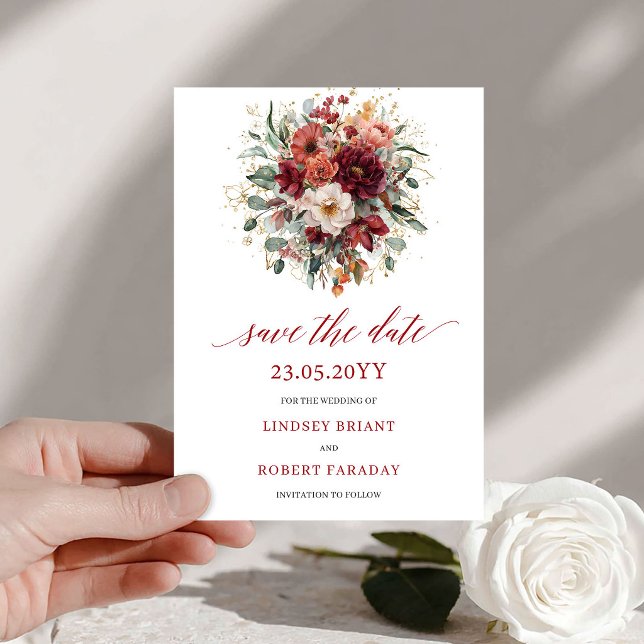 Cartão de Salve a Data Floral Borgonha Outono Dour (Floral Burgundy Autumn Gold Save The Date Card

)