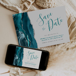 Cartão de Salve o Dia Azul Teal Prata Ágata Cinza