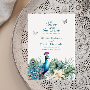 Cartão de Salve o Dia de Casamento com Pavão Tropi