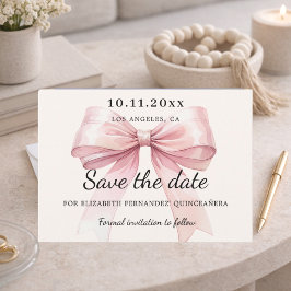 Cartão de Salve o Dia Quinceanera laço rosa creme