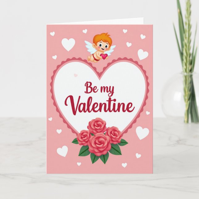 Cartão de São Valentim com Cupido e Rosas (Frente)