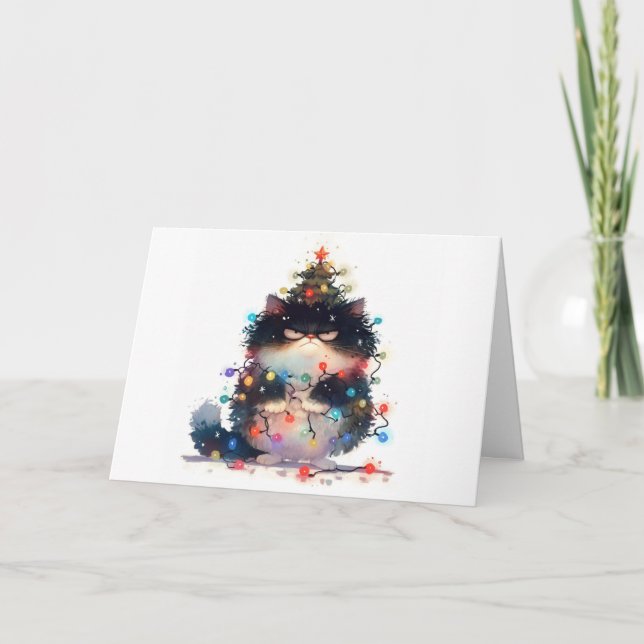 Cartão de Saudação às Luzes de Gato Tangido de Nat (Frente)