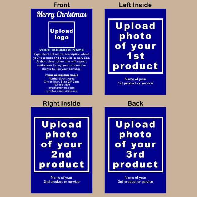 Cartão de Saudação Azul de Natal Comercial (Blue Christmas folded greeting card with your business brand and products or services.)