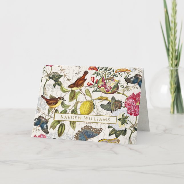 Cartão de Saudação Botânico de Aves Vintage (Frente)