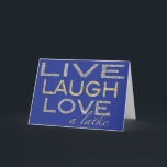 Cartão de Saudação Chanucá/Envelope "LiveLoveALatk<br><div class="desc">O Cartão de Saudação Hanukkah inclui um envelope branco. Retro "Live Laugh Love a Latke/blue, gold, prata" Personalize apagando, envie um dentro de texto e substitua por suas próprias palavras. Escolha seu estilo, cor e tamanho de fonte favoritos. Obrigados para parar e comprar. Muito apreciado!! Feliz Hanukkah/Chanukah! Tamanho: Standard (5"...</div>