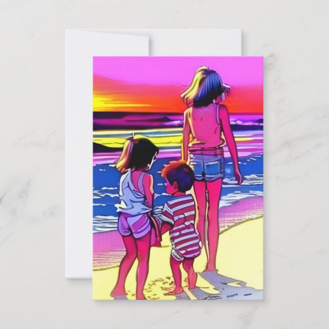Cartão de saudação com design de criança na praia (Frente)