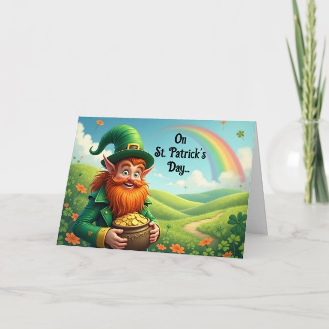 Cartão de Saudação com Leprechaun e Ouro (Frente)