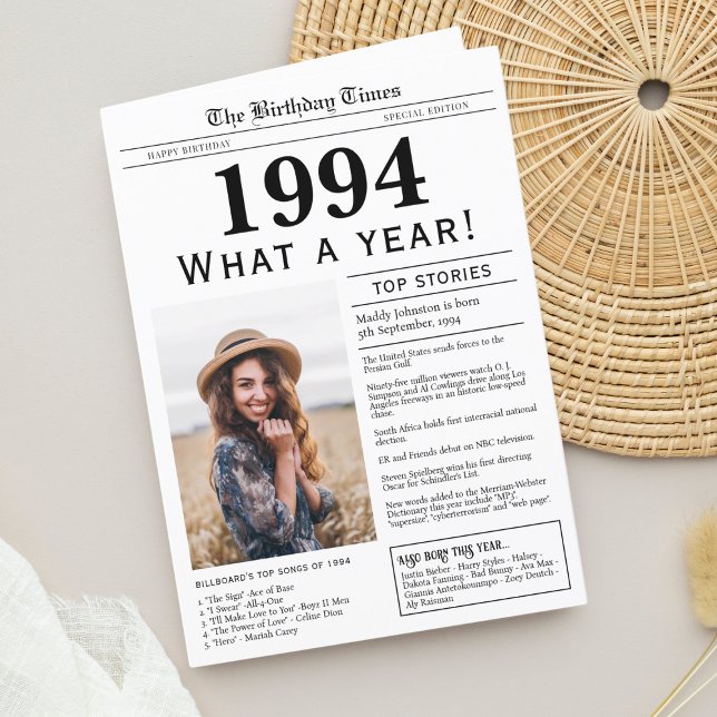 Cartão de saudação de aniversário do jornal de 199 (Birthday Card, born in 1994 newspaper personalized with photo, trivia and fun facts)