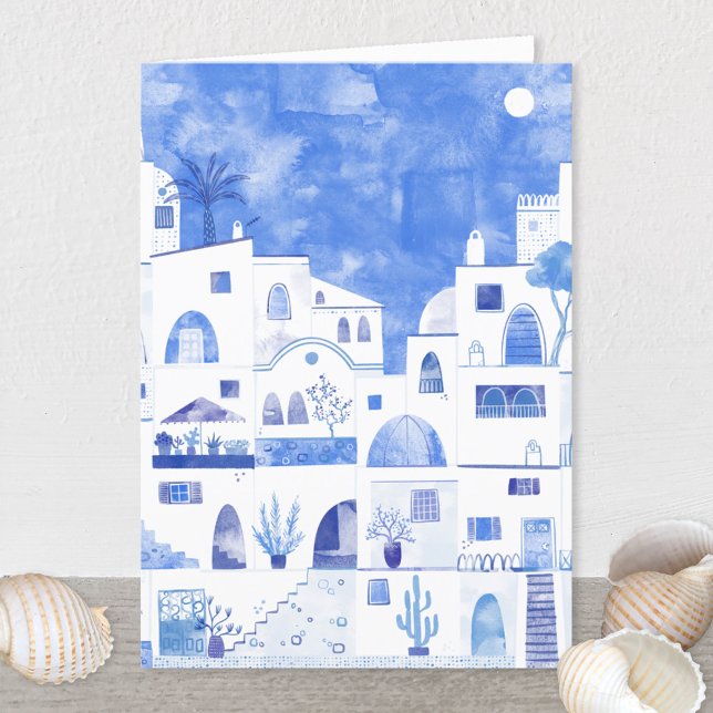 Cartão de saudação de cor aquática grego Santorini (Santorini blue and white watercolor painting on a greetings card)
