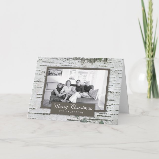 Cartão de Saudação de Foto de Natal Rustic Birch W (Frente)