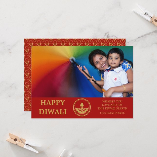 Cartão de Saudação de Foto Diwali - Cor Personaliz (Frente/Verso In Situ)