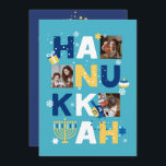 Cartão de Saudação de Foto HANUKKAH<br><div class="desc">Nosso cartão de saudação personalizada de fotos de Chanucá é uma maneira bela e divertida de desejar a família e amigos um Feliz Chanucá no estilo. Esta design festiva, divertida e moderna inclui um Menorah, Dreidel, Rosquinha de Jelly e Presente Molhado junto com Flocos de Neve e Estrelas Judaicas. Personalize...</div>