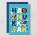 Cartão de Saudação de Foto HANUKKAH<br><div class="desc">Nosso cartão de saudação personalizada de fotos de Chanucá é uma maneira bela e divertida de desejar a família e amigos um Feliz Chanucá no estilo. Esta design festiva, divertida e moderna inclui um Menorah, Dreidel, Rosquinha de Jelly e Presente Molhado junto com Flocos de Neve e Estrelas Judaicas. Personalize...</div>