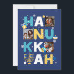 Cartão de Saudação de Foto HANUKKAH<br><div class="desc">Nosso cartão de saudação personalizada de fotos de Chanucá é uma maneira bela e divertida de desejar a família e amigos um Feliz Chanucá no estilo. Esta design festiva, divertida e moderna inclui um Menorah, Dreidel, Rosquinha de Jelly e Presente Molhado junto com Flocos de Neve e Estrelas Judaicas. Personalize...</div>