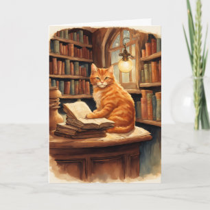 cartão de saudação de gato de biblioteca