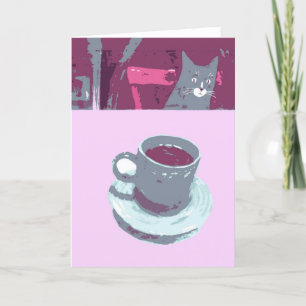 Cartão de Saudação de Gato e Café