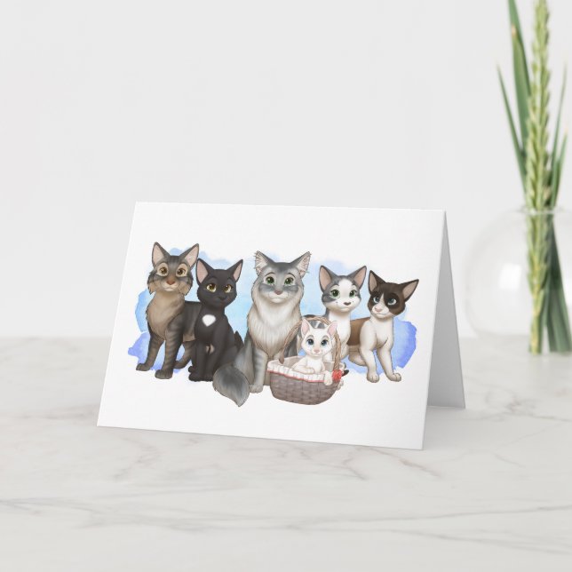 Cartão de saudação de gatos e tripulantes 5" x 7" (Frente)