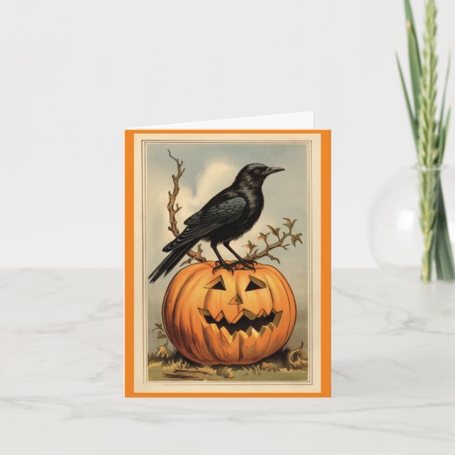 Cartão De Saudação De Halloween Crow E Pumpkin (Frente)