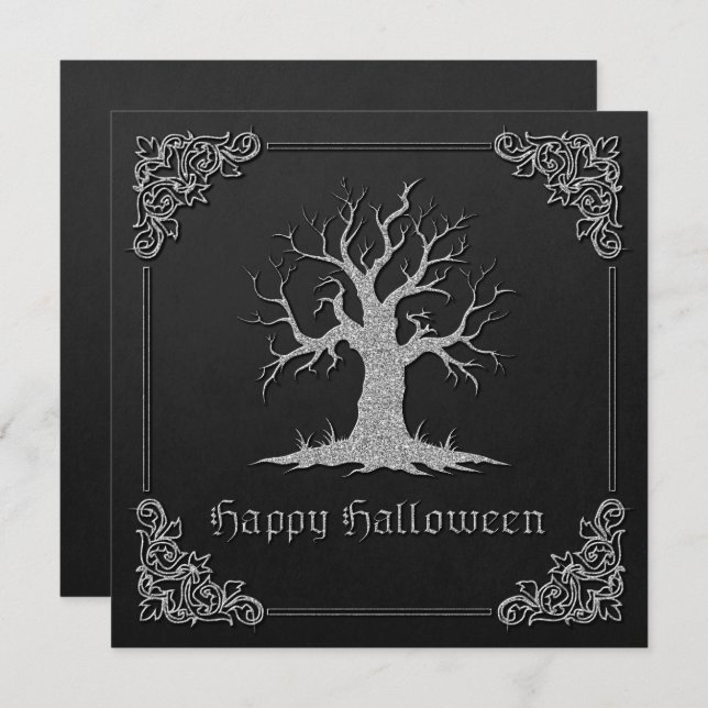 Cartão de Saudação de Halloween da Árvore Silver S (Frente/Verso)