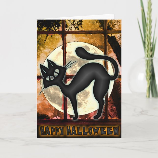 Cartão de Saudação de Halloween para Gato Negro En (Frente)