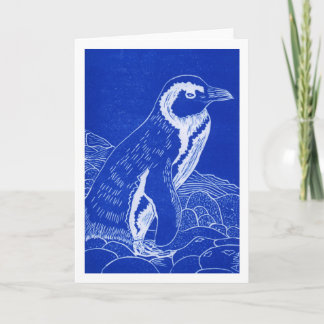 Cartão de Saudação de Linocuto Azul Pinguin Africa