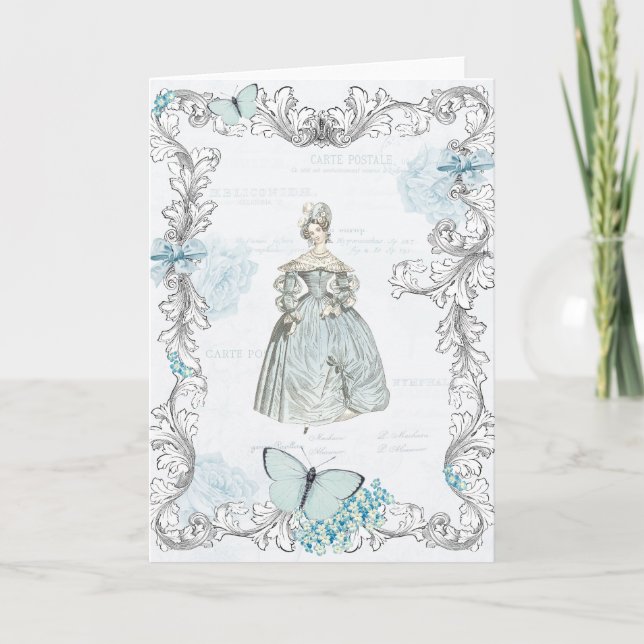 Cartão de saudação de moda do século XIX em azul (Frente)