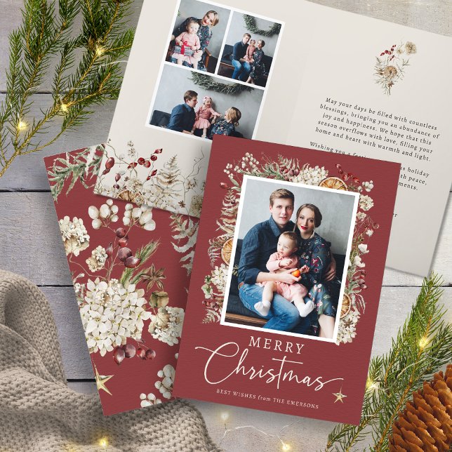 Cartão de Saudação de Natal Botânico Vermelho (Red Rustic Boho Botanical Christmas Greeting Card
)