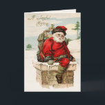 Cartão de Saudação de Natal do Papai Noel<br><div class="desc">Cartão de Natal Vintage Santa Claus personalizável que retrata Papais noeis vindos de uma chaminé com um cheio de brinquedos nas costas</div>