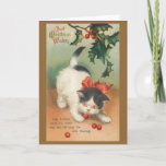 Cartão de Saudação de Natal para Gato Vitoriano<br><div class="desc">Vintage / Cartão de Natal vitoriano.  Adorável gatinho preto e branco vestindo um grande arco vermelho e brincando com bagas ocas!  Os melhores votos de Natal!  Que a Fortuna te conheça de todas as formas e encha sua vida com bençãos!  Perfeito para amante de gatos!</div>