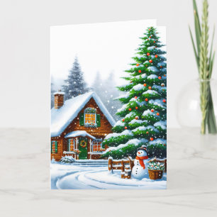Cartão de Saudação de Natal Rustic Snowy Log Cabin