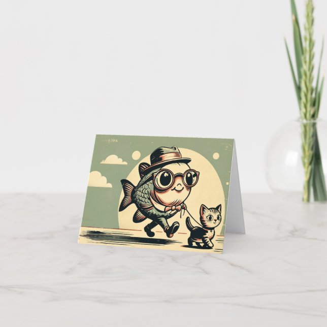 Cartão de saudação de peixe e gato engraçado (Frente)
