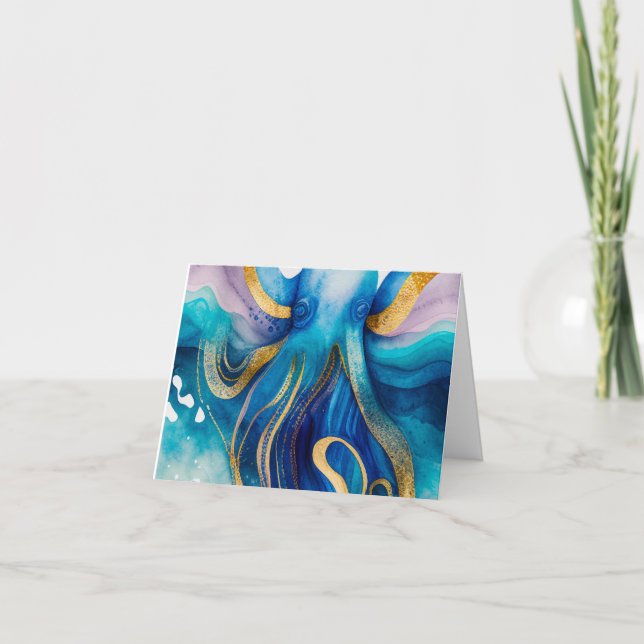 Cartão de Saudação de Vazio Octopus Dourado azul T (Frente)