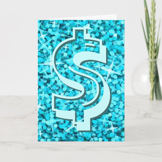 Cartão de saudação do Glitz Azul "$" 'Your Text' (Frente)