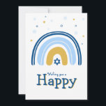 Cartão de Saudação do Rainbow Menorah Dreidel HANU<br><div class="desc">Nosso cartão de saudação Rainbow Menorah Hanukkah tem um design Rainbow popular que sacudir para se tornar um Hanukkah alegre/ Chanukah menorah. Com uma aspersão de estrelas judaicas de David, esta design moderna é uma maneira bela e divertida de desejar à família e aos amigos um Feliz Chanucá no estilo....</div>