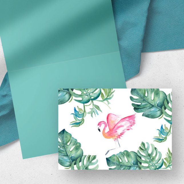 Cartão de Saudação Flamingo Rosa Tropical (tropical thank you cards watercolor pink flamingo & monstera leaf watercolor by Victoria Grigaliunas)