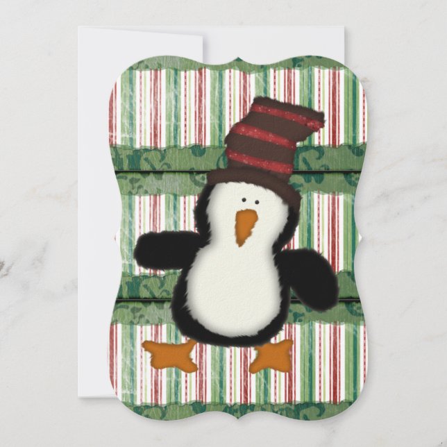 Cartão de Saudação Flat Stripe de Pinguim de Natal (Frente)