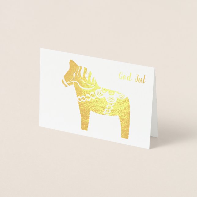 Cartão de Saudação Gold Foil Dala Horse Deus Jul (Frente)