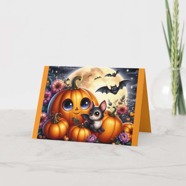 Cartão De Saudação Halloween Pumpkins E Bats (Frente)