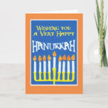 Cartão de Saudação Hanukkah com Menorah<br><div class="desc">Um cartão de saudação Hanukkah com um Menorah,  de uma colagem de papel pintada à mão por Judy Adamson. Sinta-se à vontade para alterar ou apagar a saudação do dentro.</div>