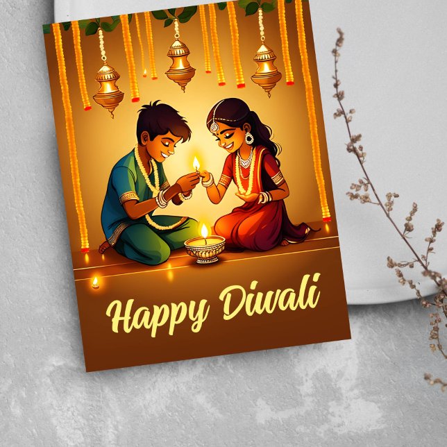 Cartão de saudação Happy Diwali (Happy Diwali greetings postcard Indian boy and Indian girl lighting diya lamps religious greetings )