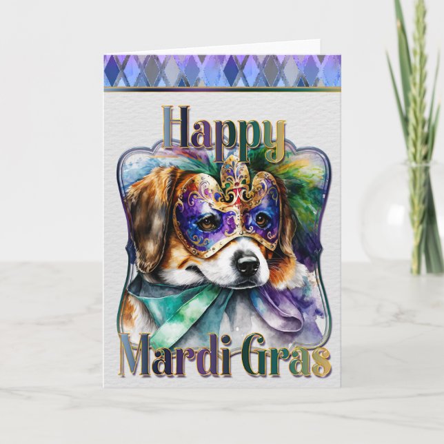 Cartão de Saudação Mardi Gras, Mardi Gras Beagle P (Frente)