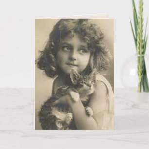 Cartão de Saudação MENINA DOCE E GATO ANTIGO