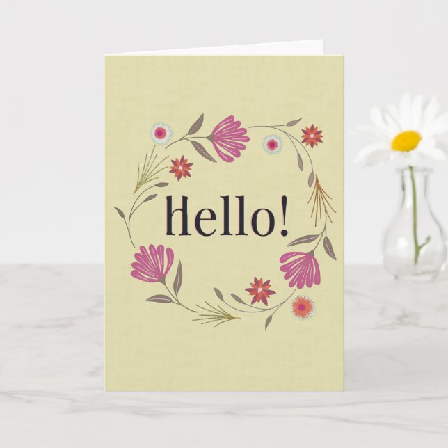 Cartão de Saudação Olá com Coroa Floral Rosa e Dou (Planta pequena)