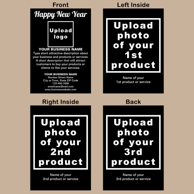 Cartão de Saudação Preto de Ano Novo (Black New Year folded greeting card with your business brand and products or services.)