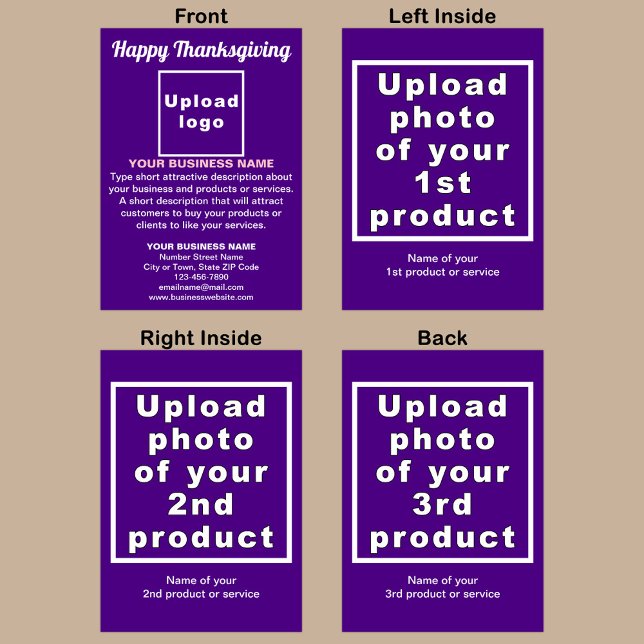 Cartão de Saudação Púrpura de Ação de Graças Comer (Purple Thanksgiving folded greeting card with your business brand and products or services.)