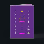 Cartão de saudação Shabbat Shalom Menorah<br><div class="desc">Esta menorah muito colorida e divertida está acesa e canta sua mensagem feliz. O cartão interior com a área de data está bordado e coordenado para o seu prazer escrevendo. Shabbat Shalom! ~ karyn</div>