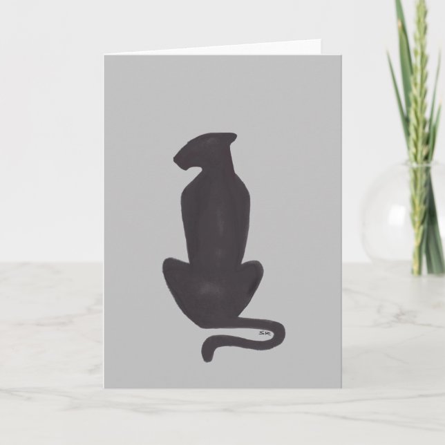 Cartão de saudação silhueta de gato preto cinza (Frente)