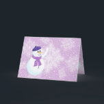 Cartão de Saudação Snowman e Snowflakes<br><div class="desc">Cartão de cartões de natal de inverno com Snowman feliz e belos flocos de neve brancos brilhantes sobre fundo violeta. Este design é totalmente personalizável. O Snowman e os flocos de neve estão todos sobre camadas separadas para que você possa redimensioná-los ou (re)movê-los facilmente, e você pode mudar a cor...</div>